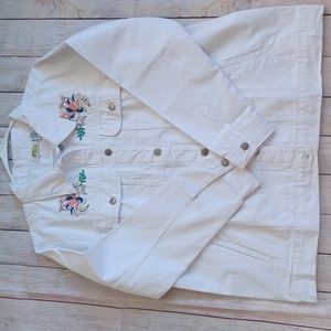 Collections etc. Embroidered white jean shirt jacket.